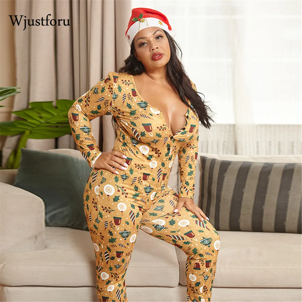 

Wjustforu XL-5XL Plus Size Jumpsuit Women Homewear 2020 Christmas Sexy Women Deep V-Neck Sleepwear Romper Print Jumpsuits