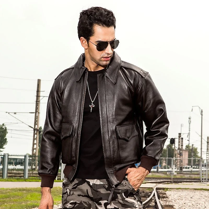 

2021 Brown Men Military Style A2 Pilot Leather Jacket Europe Size XXL Genuine Natural Cowhide Autumn Aviation Coat