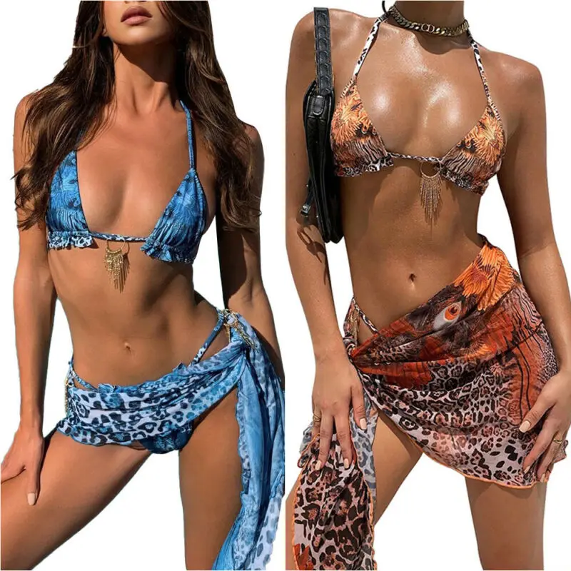 

Bikini Set Three Piece Sets 2021 Sexy Leopard 3 Piece Swimwear Set Padded Swimsuit Bathing Suit Womens Beachwear Swimsuits