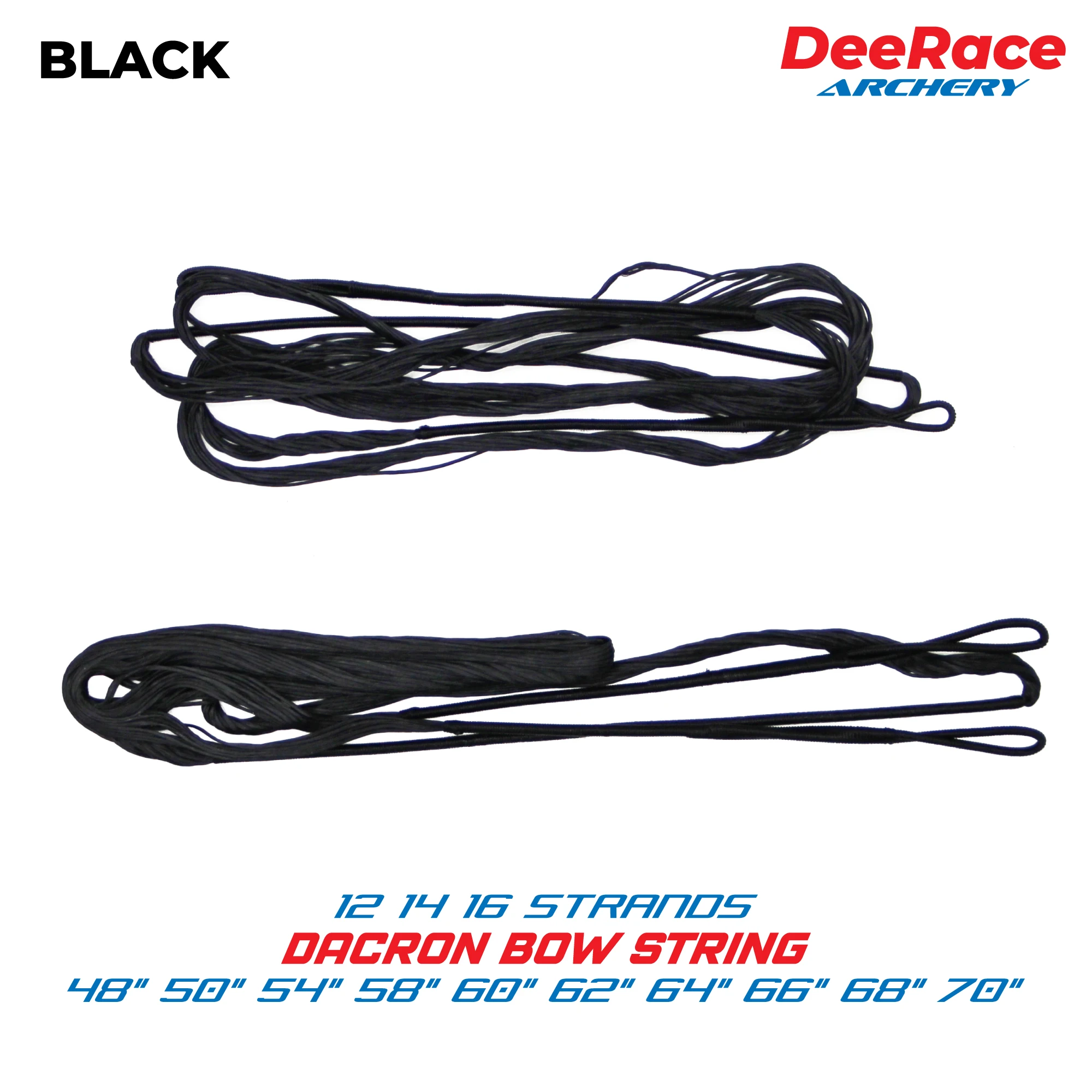 

Archery Recurve Bow Black String Dacron Material 48" 50" 54" 58" 60" 62" 64" 66" 68" 70" Inches 12 14 16 Strands