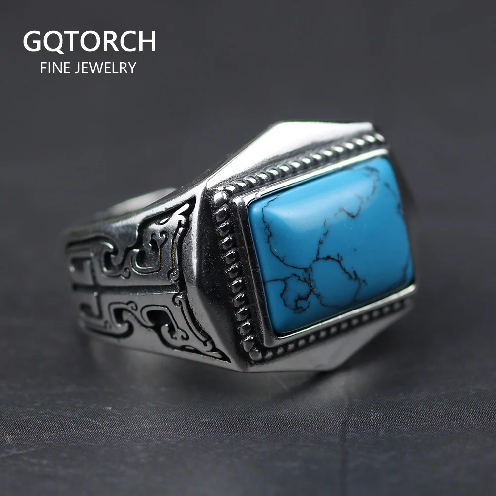 

Genuine 925 Sterling Silver Rings For Men Inlaid Natural Stone Mens Ring Polygon Vintage Design Adjustable Turkey Jewelry