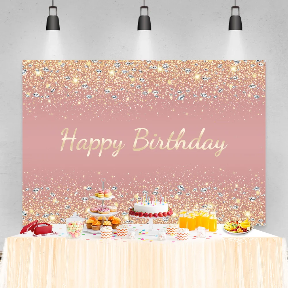 

Laeacco Glitters Pink Diamond Happy Birthday Party Photography Backdrop Customized Baby Shower Photocall Background Photo Studio