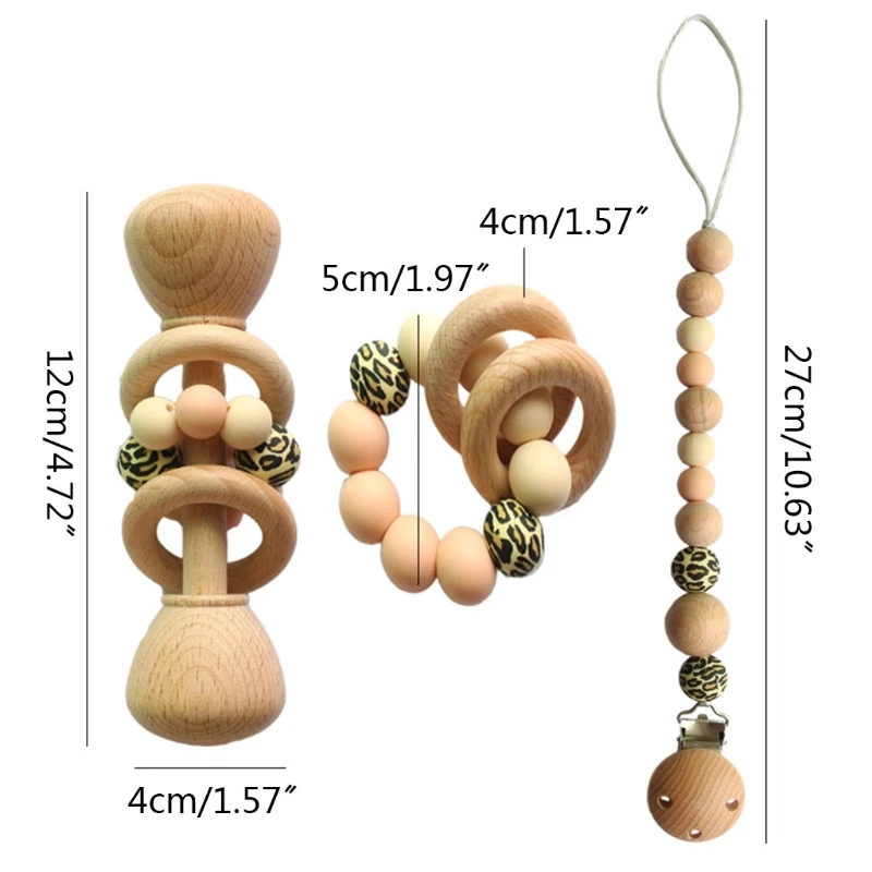 

OOTDTY 2/3 Pcs/Set Baby Pacifier Clip Chain Dummy Holder Bracelet Teething Soother Molar Infants Wooden Rattle Teether Gifts