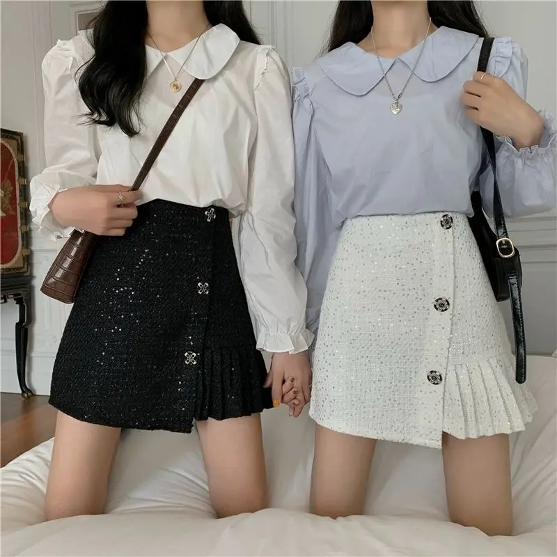 

2021 New Autumn Winter Women Fashion Button A-Line Mini Skirts Female Elegant Sequins Ruffle Pleated Short Skirts Y369