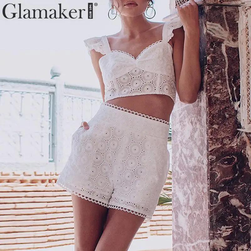 Glamaker белый кружевной короткий сексуальный комбинезон с оборками женский костюм