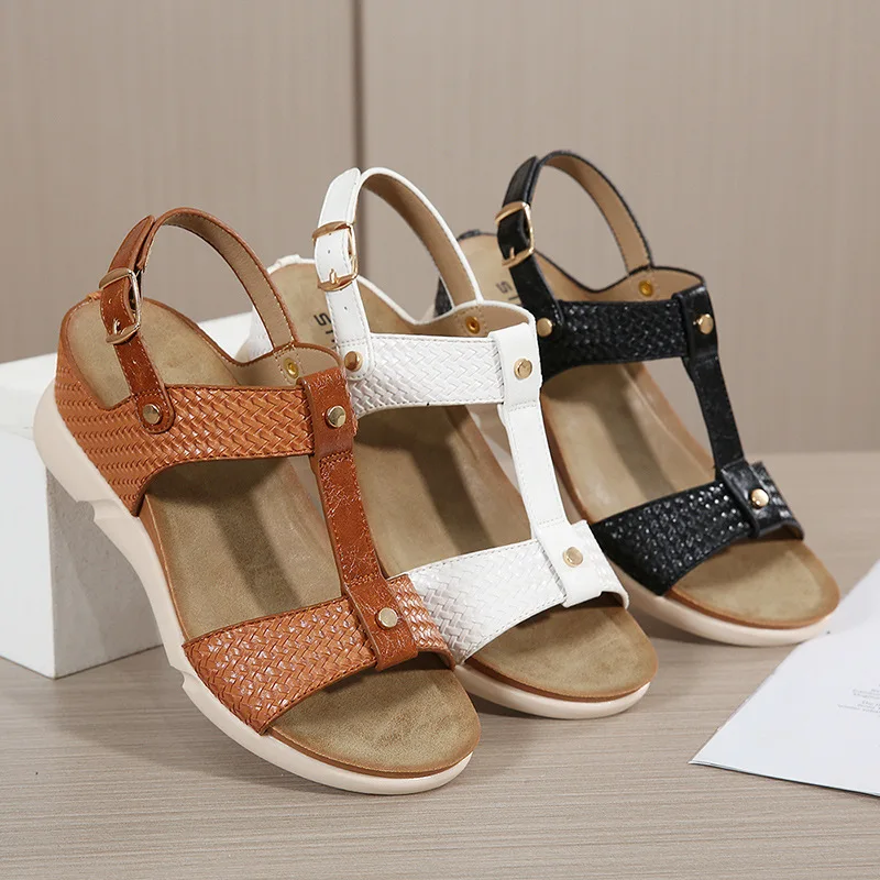

Fashionable Roman Woven Buckle Women's Sandals Solid Color Non-slip Wedge Heel Ladies Sandals Casual Round Head Sandals Women