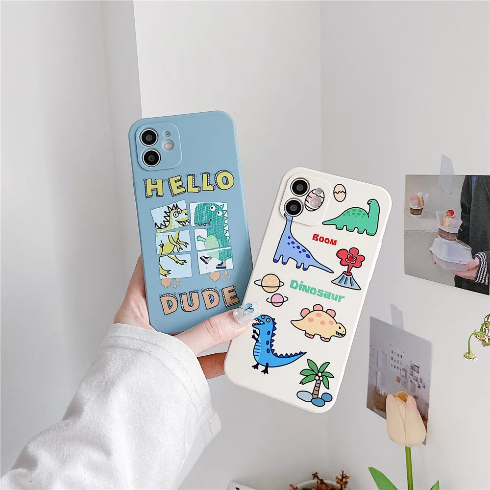 

INS Cartoon Dinosaur Silicone Shockproof Phone Case For iPhone 13 12 11 PRO MAX XS X XR XSMAX Soft Camera Protective Cover Shell