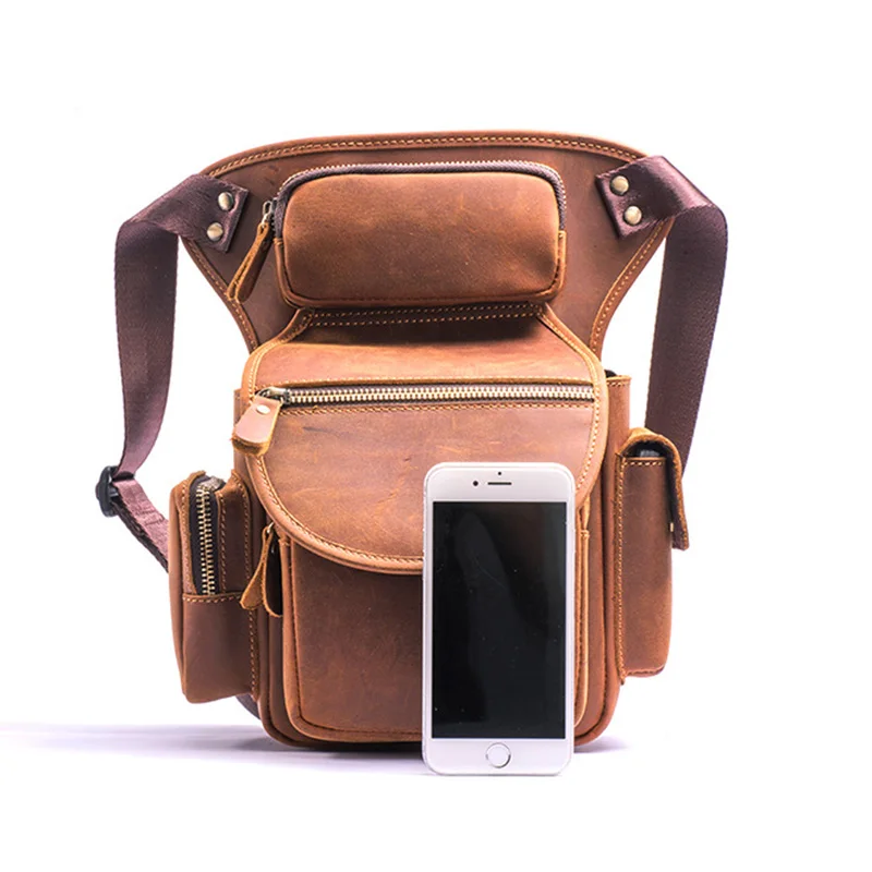 

Genuine Leather Male Bum Fanny Pack Crazy Horse Cowhide Hip Men Riding Travel Multi-Purpose Pouch Thigh Drop Waist Leg Bag
