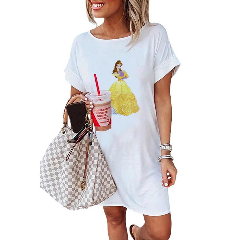 

Princess Belle Besties Chill Together Summer T-Shirt Dress Women Cartoon Print Casual Short Sleeve White Tee Dresses Vestidos