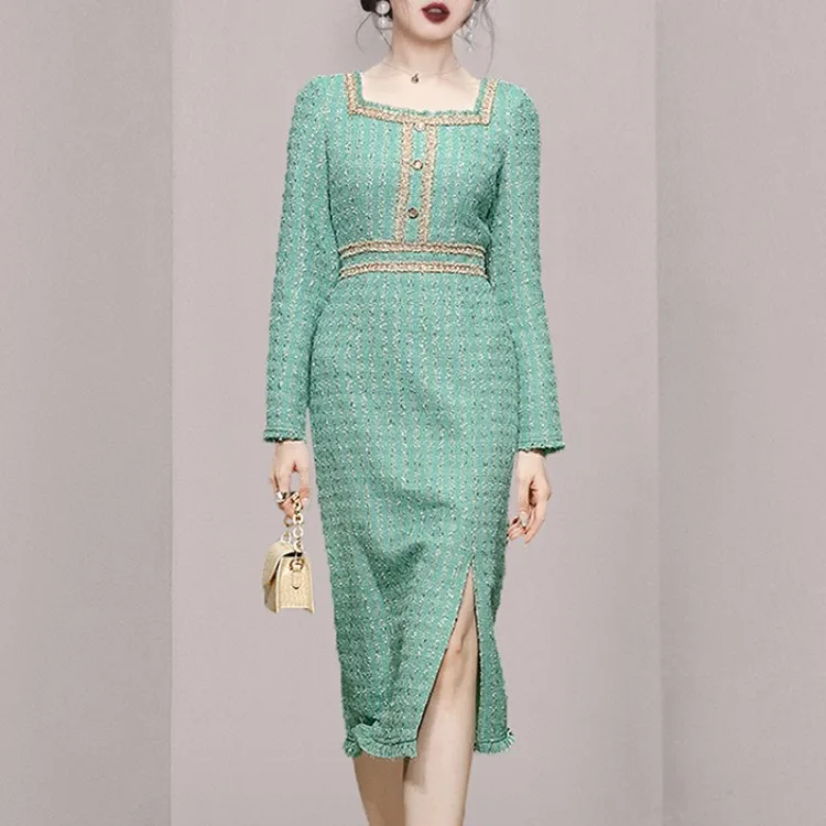 

Женское шерстяное платье, винтажное зеленое твидовое платье с высокой талией, приталенное, с разрезом, Осень-зима, Элегантный квадратный вы...