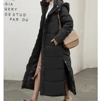 womens hooded ultra long down jackets winter korean casual straight solid color females down ankle length hooded coats 2020