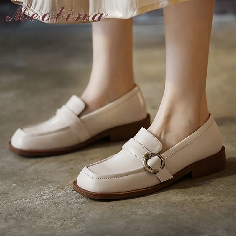 

Meotina Women Loafers Shoes Genuine Leather Flat Shoes Buckle Causal Square Toe LadIes Footwear 2022 Spring Autumn Beige Black