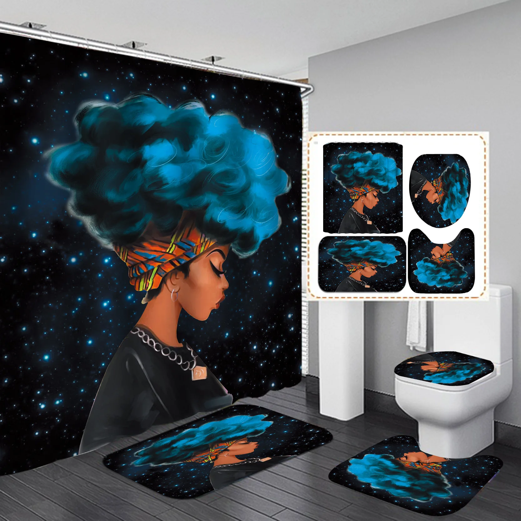 African American Women Shower Curtain Set for Bathroom Bathtub Screen with Carpet Rug Washroom Hotel Toliet Partition Hooks | Дом и сад