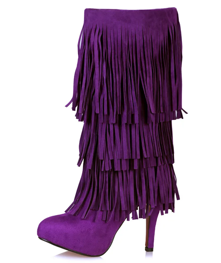 

Womens Pointed Toe Tassels Mid Calf Boots Stilettos High Heel Sexy Shoes Suede Leather Warm Winter Black Purple New 2022 SONDR