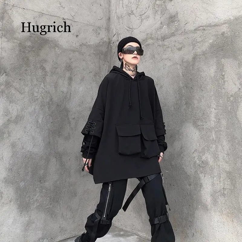 

Fake Two-Piece Hoodies Women's Fashion Tooling Pocket Student Long Sleeve Top Hooded Pullover Coat Autumn