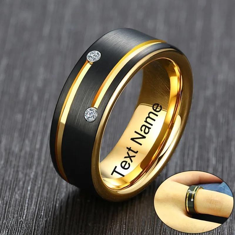 Vnox Free Custom Name Ring for Men Black Tungsten Carbide Wedding Band with Gold Tone Lines AAA CZ Stones Gent Anel