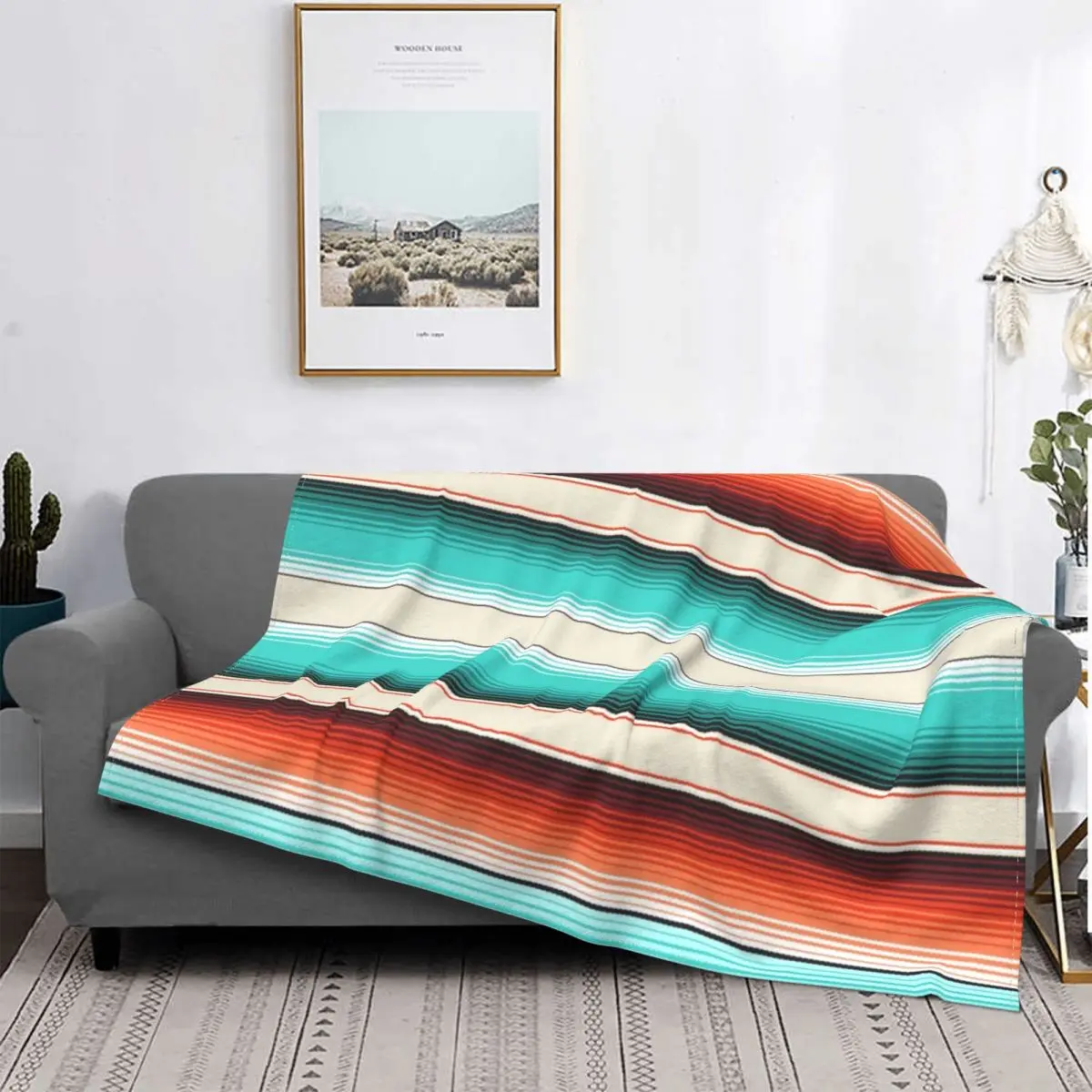 

White Turquoise Burnt Orange Stripes Bohemian Blanket Velvet Spring Autumn Lightweight Throw Blanket for Bed Outdoor Rug Piece
