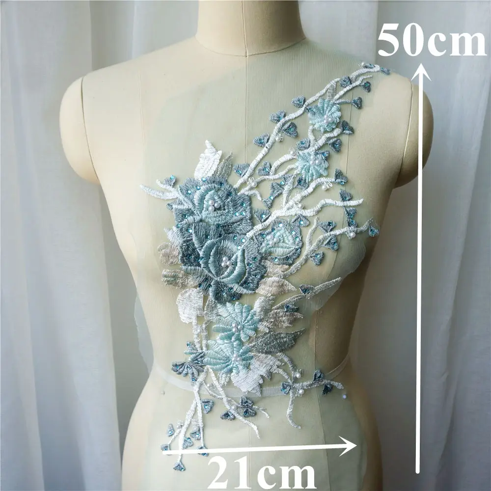 1 комплект 2 шт. кружевные аппликации с цветочной вышивкой бисером стразами