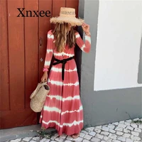tie dye striped long dress boho v neck 34 sleeve casual a line maxi dresses vintage dresses fall clothes for women with belt