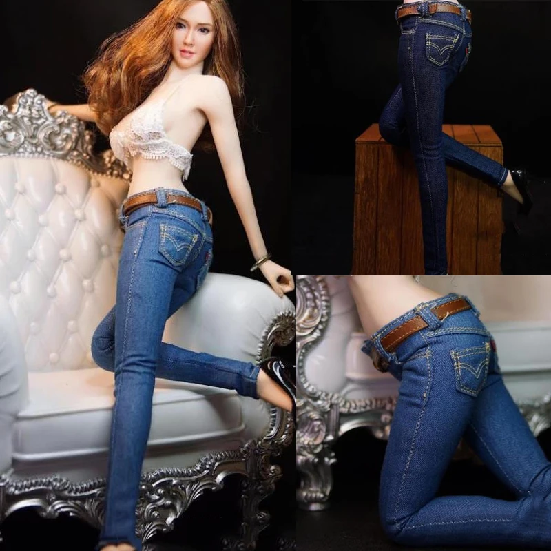 

1/6 Female Skinny blue Jeans pants leather belt CF001 A/B/C for 12 inches PH Doll Jiaou doll TBLeague Figure Body Accessories
