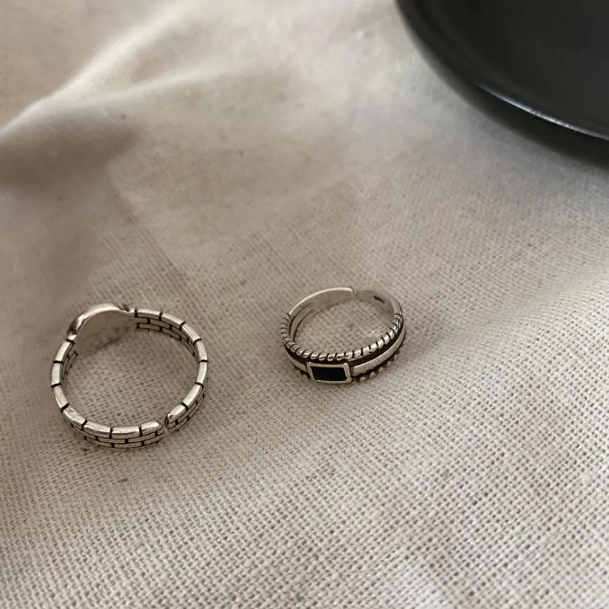 

925 Sterling Silver Ins Retro Simple Black Week Circle Index Finger Opening Rings For Women Fine Jewelry Birthday Party Gift 487