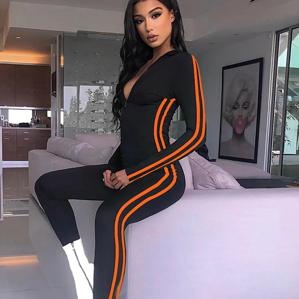Fitness Jumpsuit Women Casual Elastic Skinny Turtleneck Long Romper 2020 New Side Striped Patchwork Bodysuit | Женская одежда