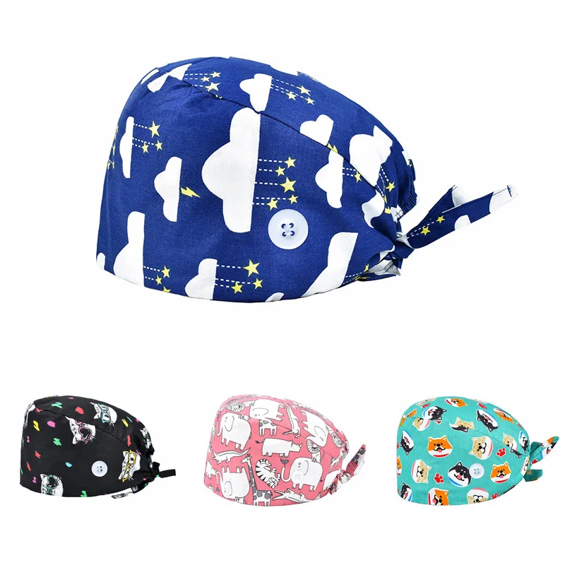 

Multicolor Printing Scrub Cap with Button Adjustable Sweat-absorbent Elastic Scrubs Women Hat Cotton Salon Working Caps