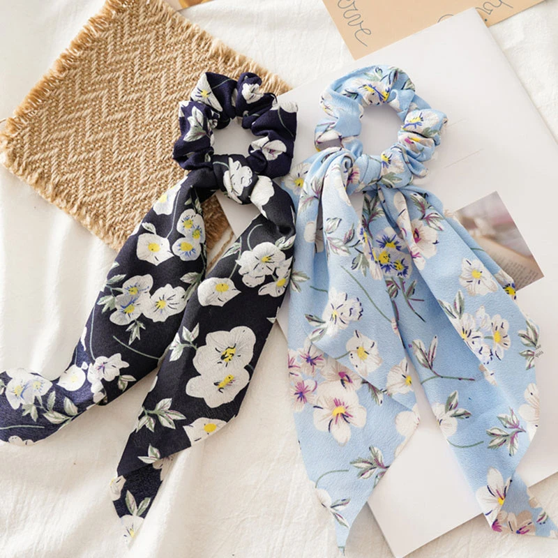 

Korean Floral Print Scrunchies Solid Color Hair ribbon For Women Ponytail scarf Satin Silk Elastic Hair Bands Hair Accessories