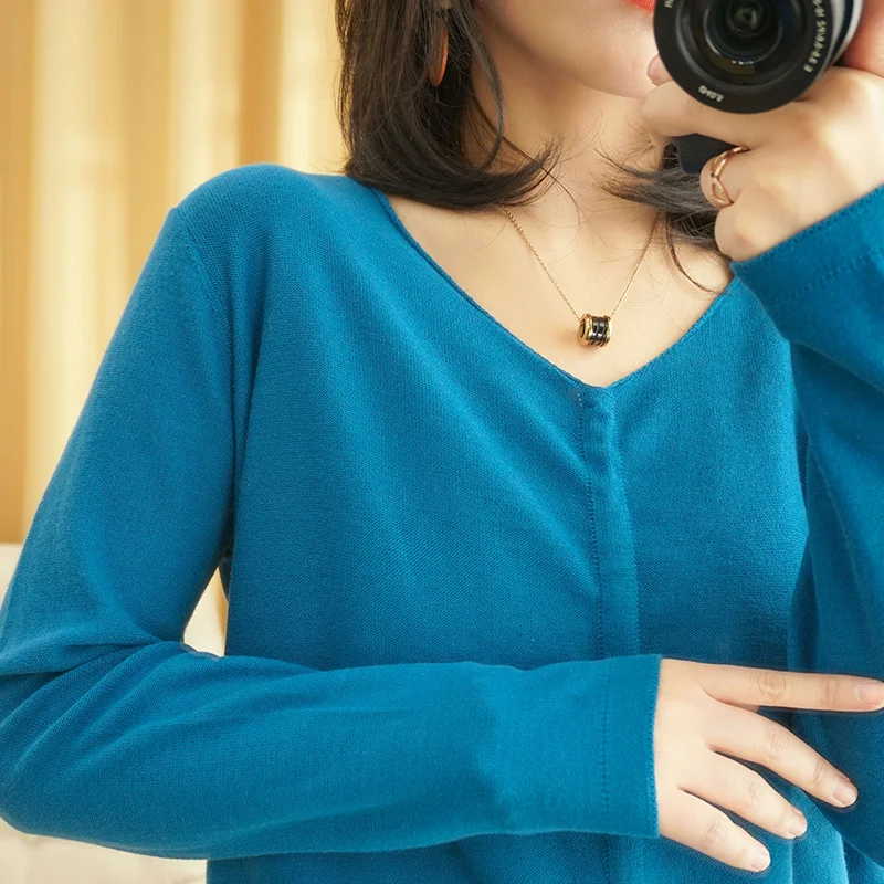 

20 Women's V-neck knitted 100% cotton long-sleeved sweater solid color loose wild jumper thin coat sweater hot sale wholesale