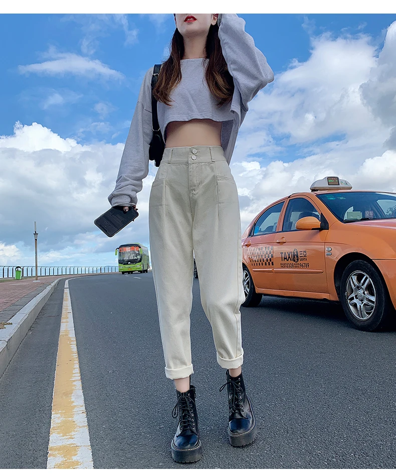 

Apricot high-rise wide-leg jeans women 2020 autumn loose elastic waist straight harem pants old pants can be worn in all seasons