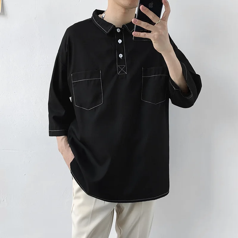 

Brief Casual Korean Style Men T Shirt Short Sleeve Turn Down Collar Polo Summer Side Slit 2022 Harajuku Fashion Vintage Clothing