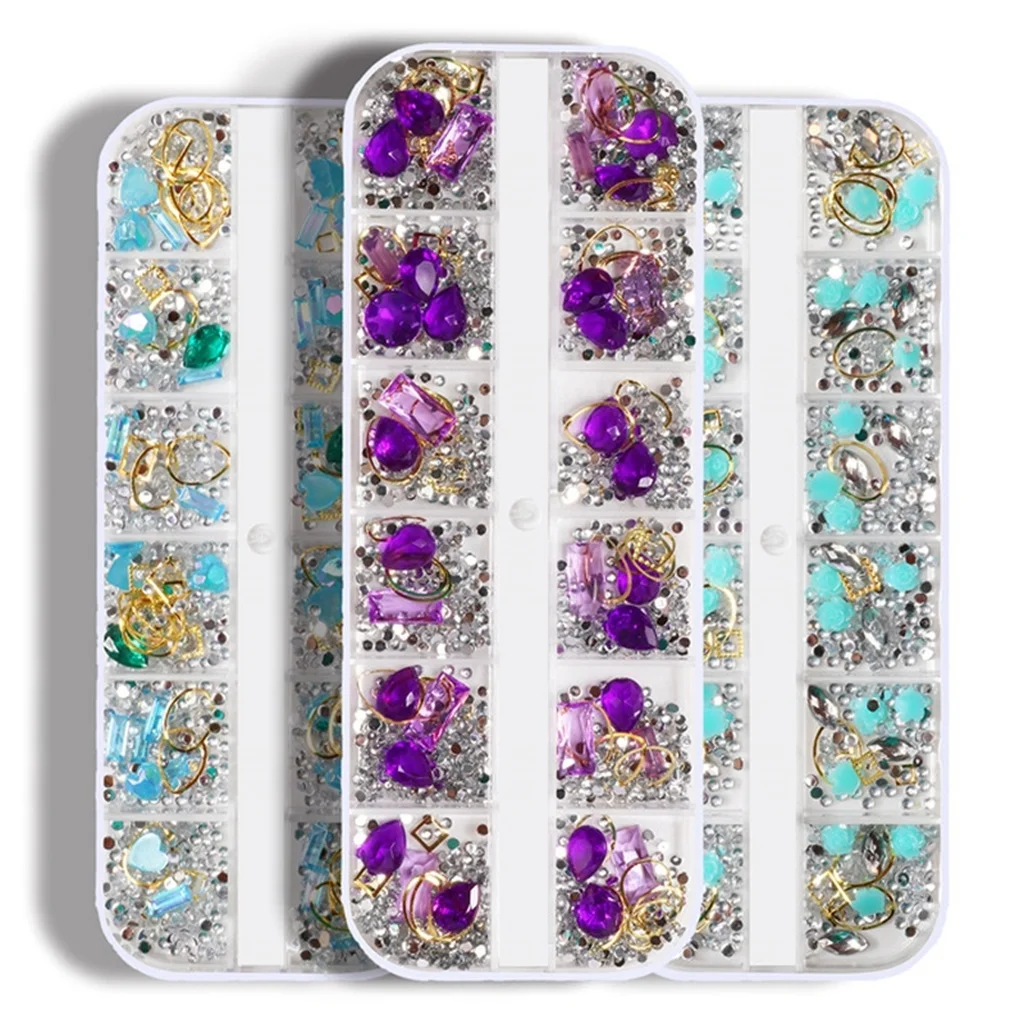 

12Grids/Box Rhinestones for Nails Designer Pearl Rivet Glass 3D Manicure DIY Crystal Alloy Decorations for Nail Art Rhinestones