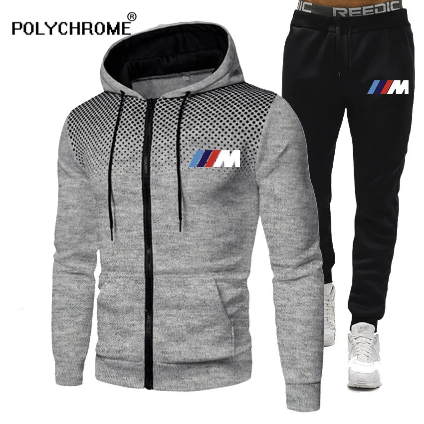 Мужской спортивный костюм на молнии черный с принтом BMW M кофта и штаны для