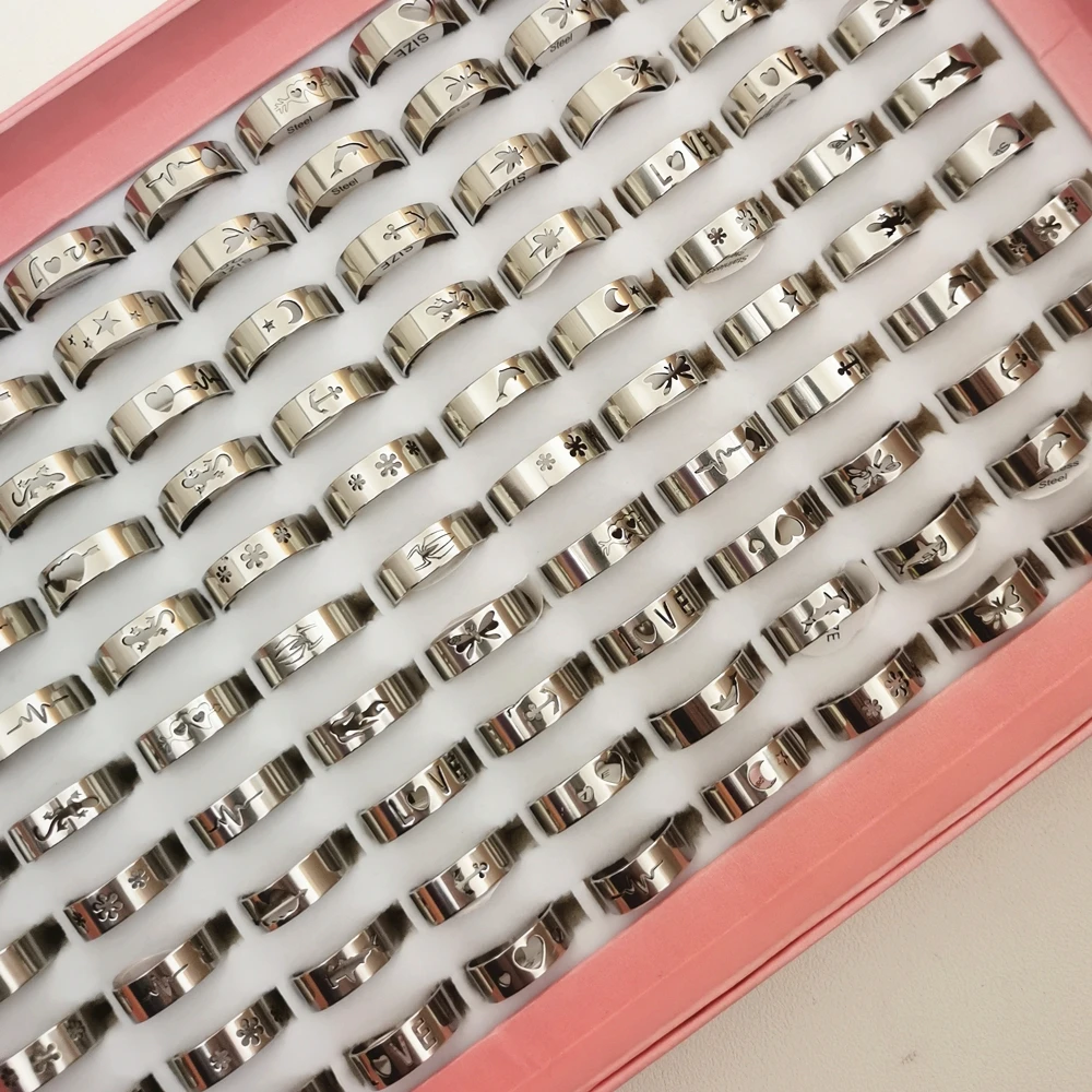 

Кольца унисекс из нержавеющей стали с лазерной резкой, смешанные блестящие полированные кольца для пальцев, случайный выбор, Подарочная би...