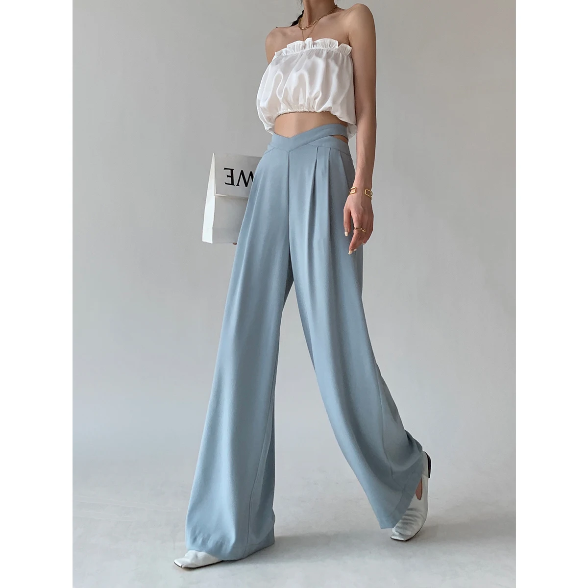 

HESAPP Design pantalones sense of open waist straight wide leg pants women high waist trousers drape casual loose mopping pants