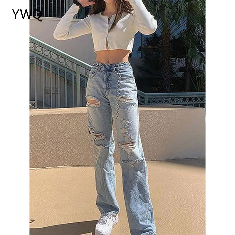 

Baggy Jeans Ripped Straight Pants Women New Fashion Jeans High Waisted Vintage Loose Hole Cargo Chain Denim Trousers For Women