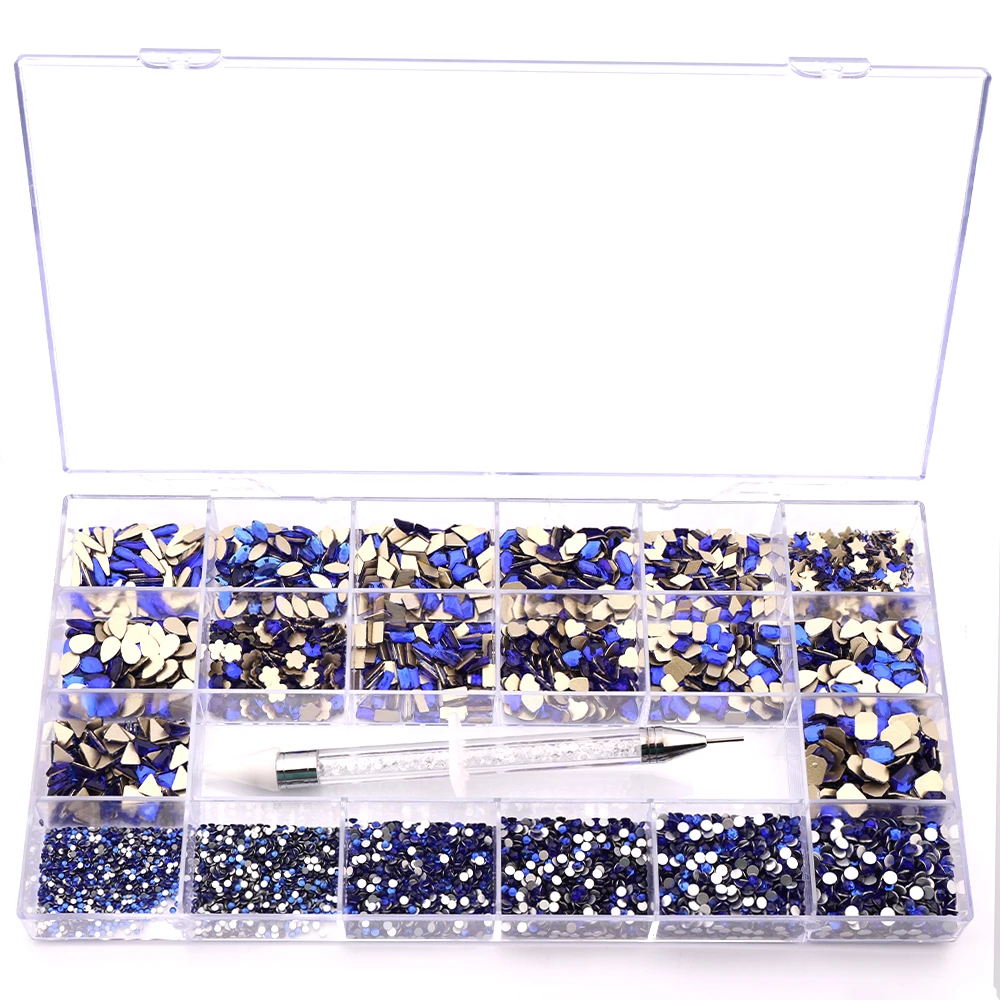 9320Pcs Luxury Shiny Diamond Nail Art Rhinestones Sapphire Decorations Set Crystals Glass 1Pcs Pick Up Pen In Grids Box 21 Shape