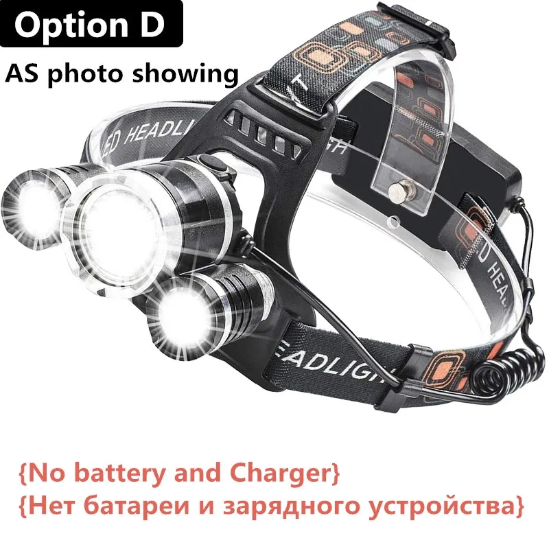 Option D Супер яркий светодиодный налобный фонарь XM-T6x3 светодиодный Перезаряжаемые Масштабируемые фара фонарь лампа для кемпинга Рыбная ловля фонари Применение 18650 - Испускаемый цвет: Option D