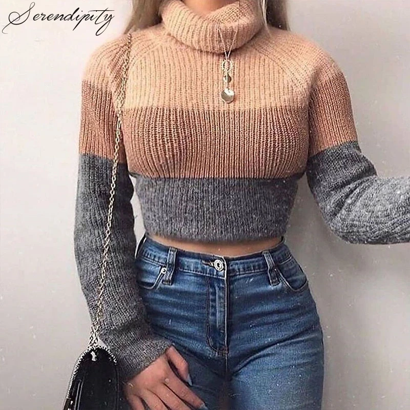 Вязаный укороченный свитер цвета хаки в полоску с высоким воротником женские