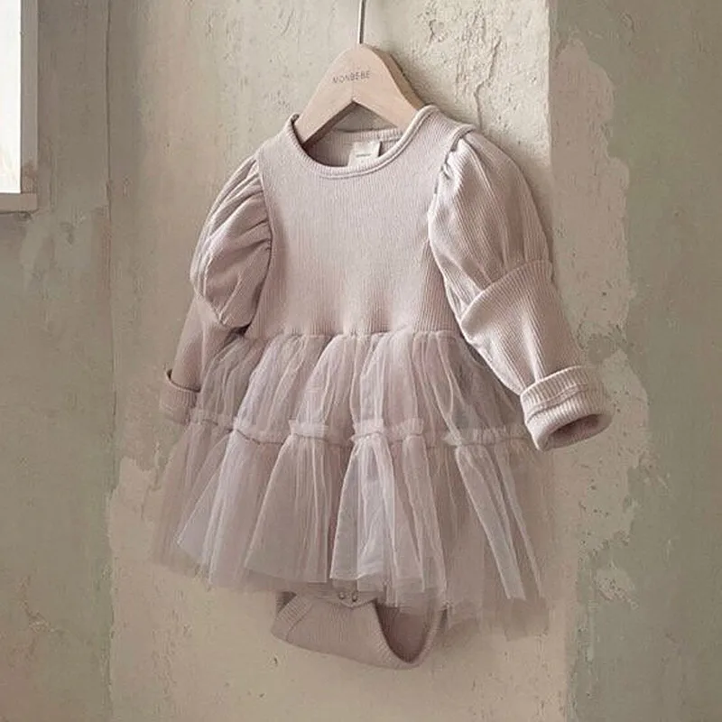 

2021 Korean Style Spring Newborn Infant Baby Girls Romper Long Sleeve Princess Mesh Dress Birthday Cotton Babywear 3 Colours