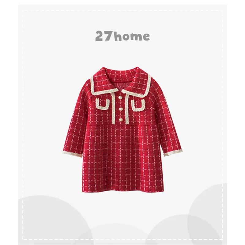 

Casual Child's Sweater Dress Lapel Collar Long Sleeve Plaid One Piece Sweater Dress for Autumn Winter