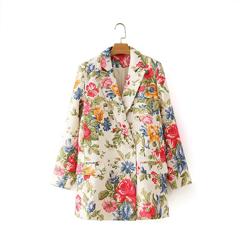 

Women 2020 Fashion Double Breasted Floral Print Blazer Coat Vintage Long Sleeve Pockets Female Outerw Winter Coat Women