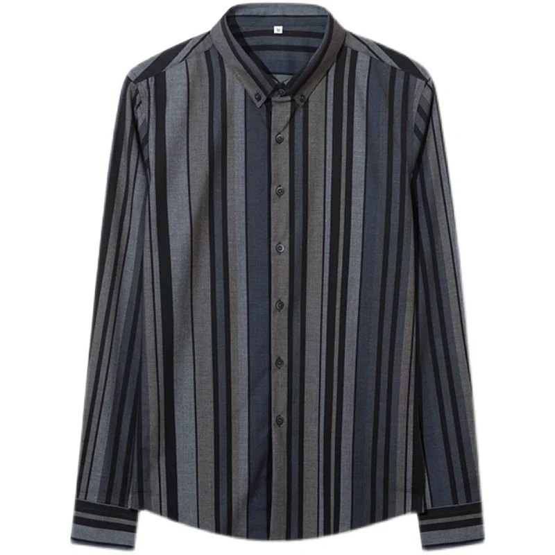 

Black/Khaki British Style Men Striped Shirts Long Sleeve High Quality Business Formal Wear Slim Fit Tuxedo Dress Office Blouses