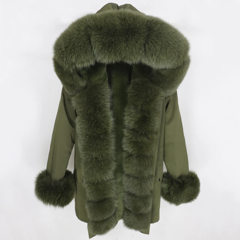 OFTBUY, водонепроницаемая парка, натуральное меховое пальто, зимняя куртка для женщин, воротник из натурального меха енота, капюшон, подкладка из натурального кроличьего меха, съемная - Цвет: full green