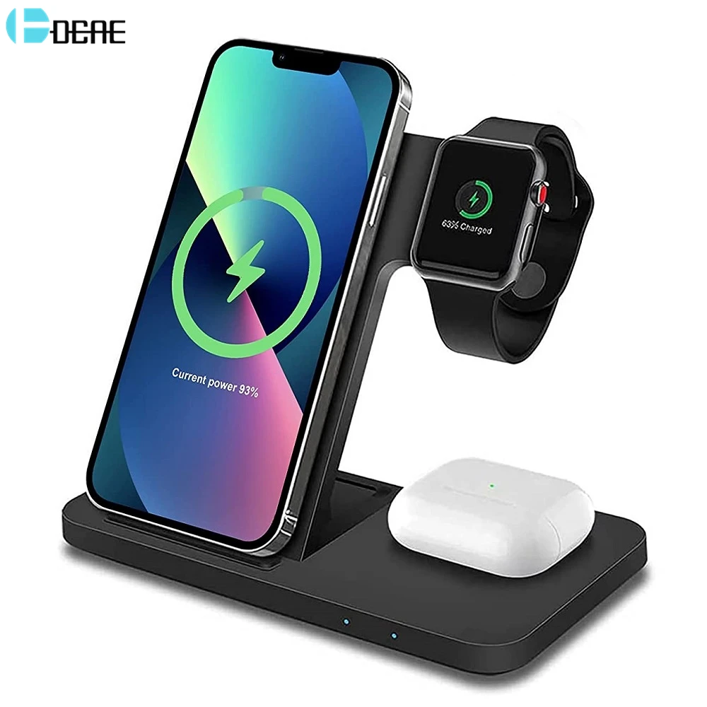 

Беспроводное зарядное устройство 3 в 1 Qi, док-станция 15 Вт, подставка для быстрой зарядки для iPhone 13 12 11 XS XR X 8 Apple Watch 7 6 5 4 3 AirPods Pro