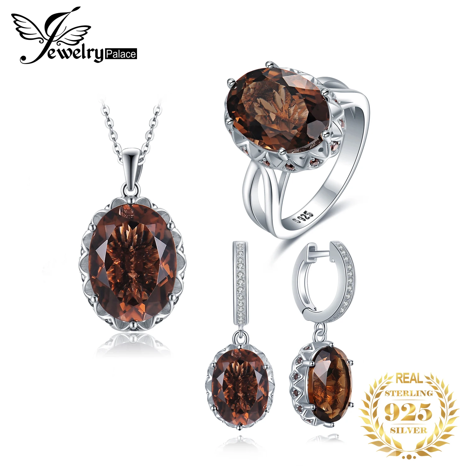 JewelryPalace Large Natural Smoky Quartz 925 Sterling Silver Jewelry Set Pendant Necklace Ring Earrings for Women Gemstone Set