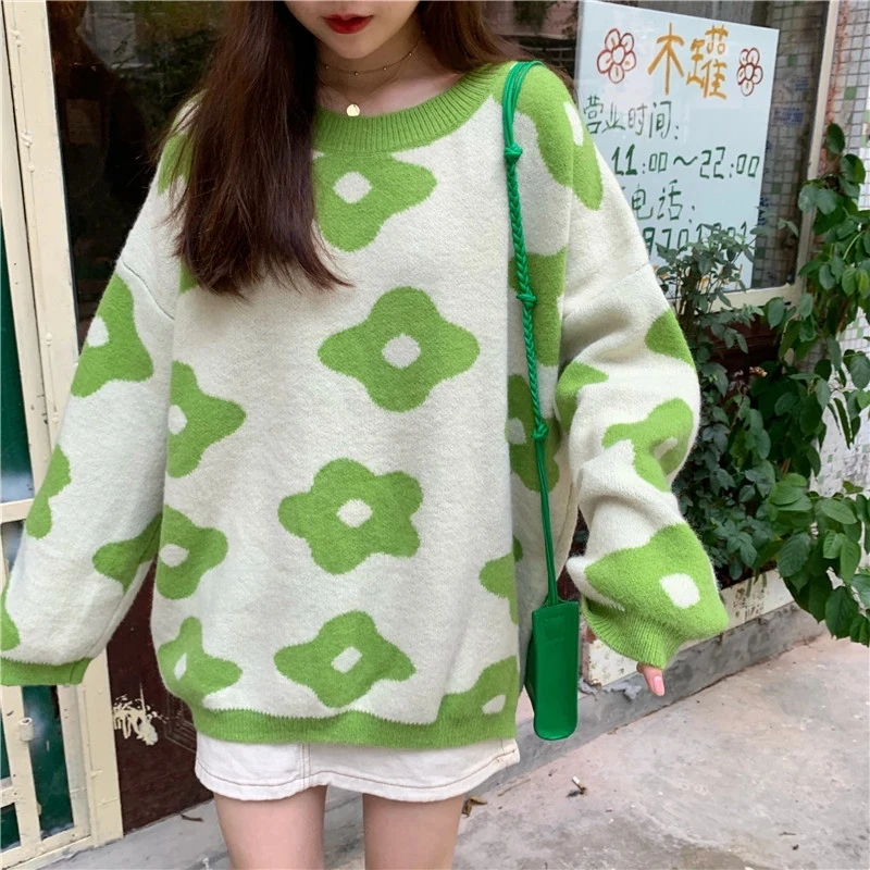 

Female Flower Knitted Sweater Women Oversized Flowers Print Pullovers Winter Clothes Loose Long Sweaters Streetwear Sueter Mujer
