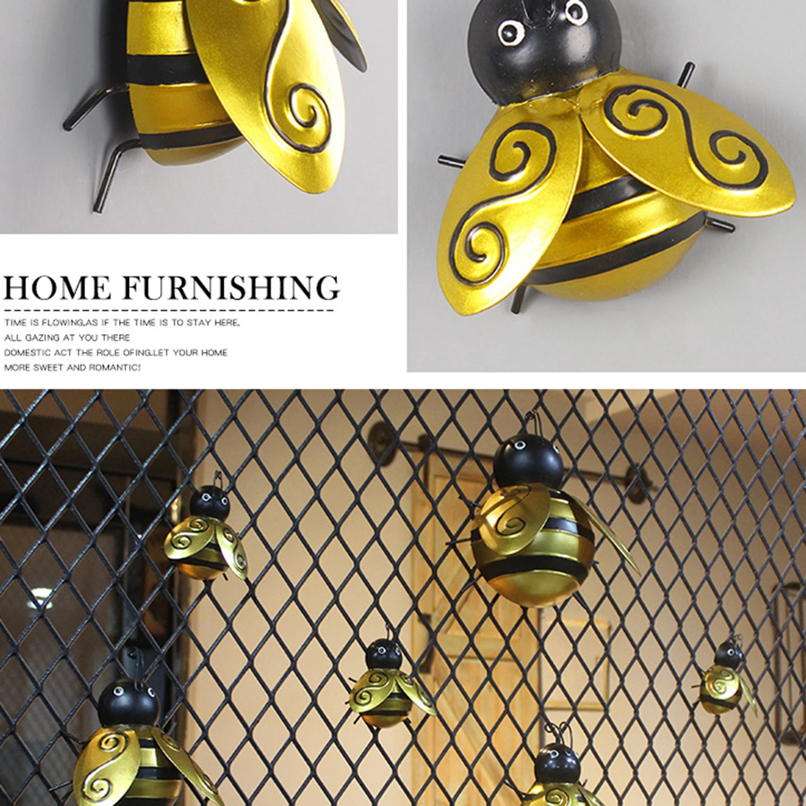 

New 1/4 PCS Metal Little bee Decor Fence 3D Iron Animal Ornament Wall Hanging Bee Art Pastoral Decoration for Bar Home Cafe HK3