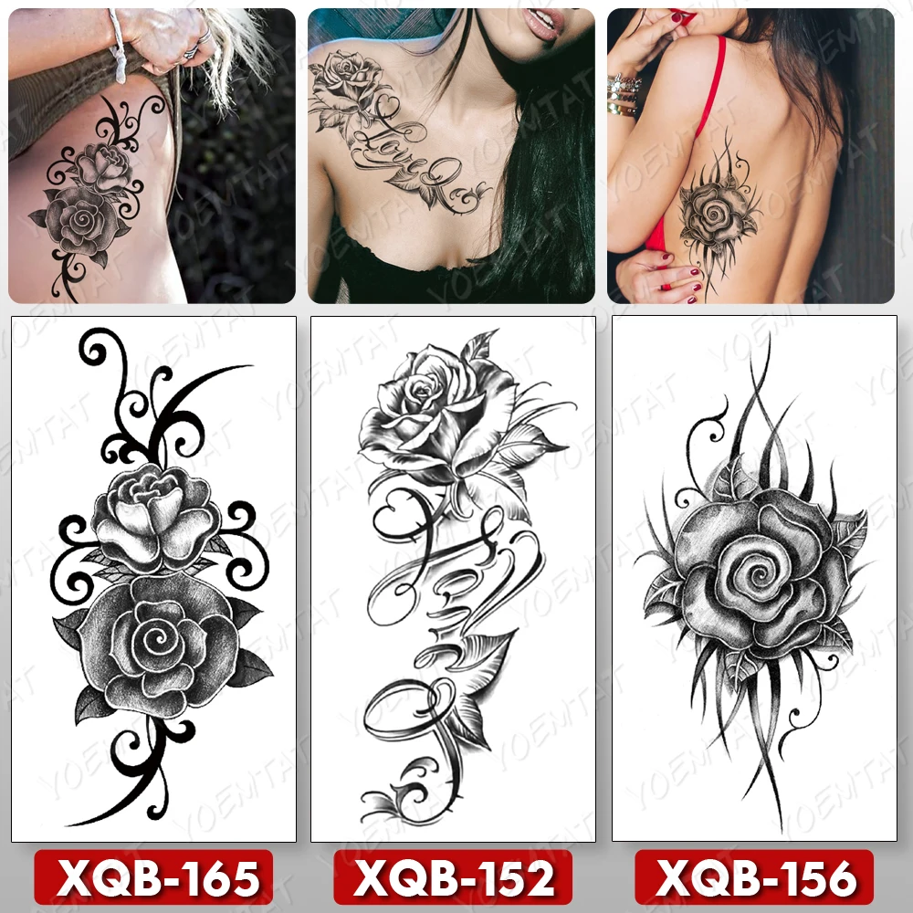 

3pcs Sexy Rose Temporary Tattoo Sticker Waterproof Butterfly Black Fake Tatu Waist Crotch Chest Back Men Women Girl Glitter Tato