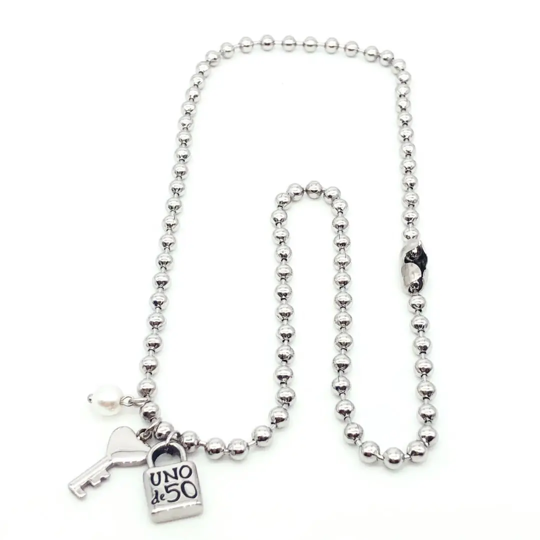 

New Uno Do 50 Stainless Steel Pendant Necklace Round Key Lock 4mm Bead Chain Stainless Steel Men's and Women's Necklace